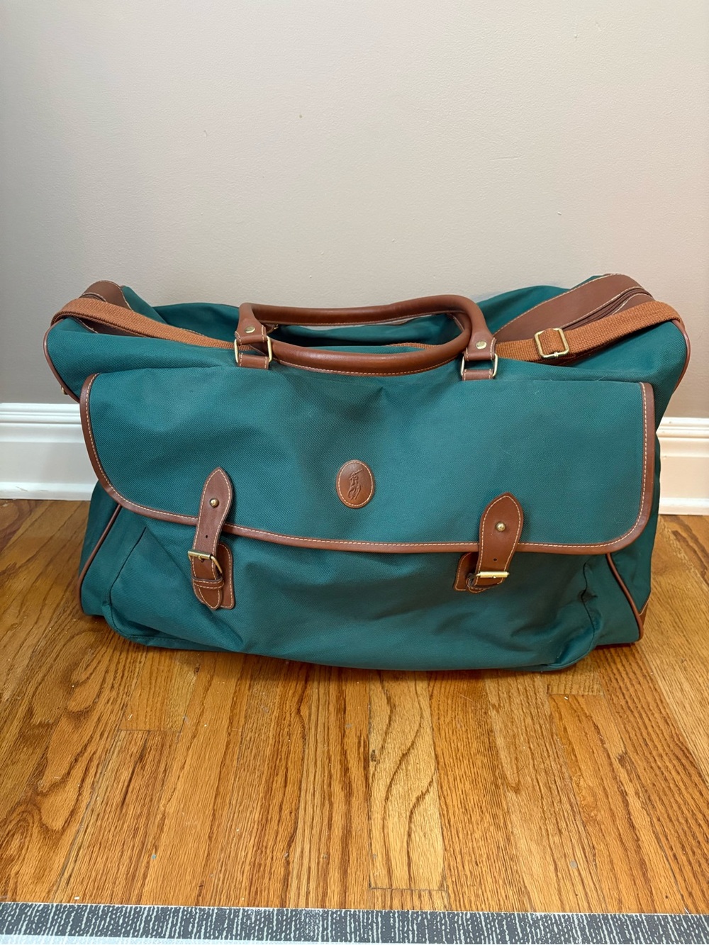 Polo by Ralph Lauren Teal Canvas Travel Duffel with Brown Leather Trim